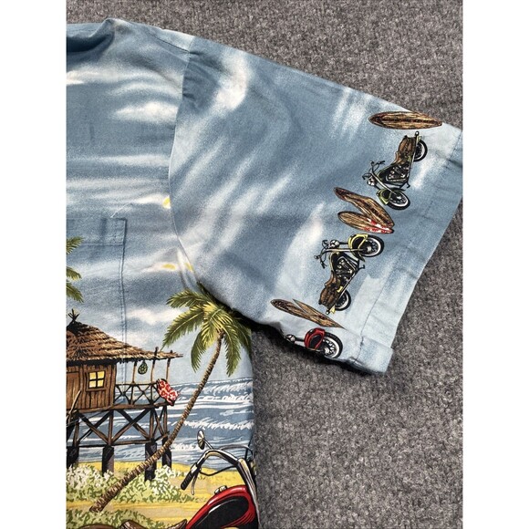 Ky's Hawaiian Shirt Men's Large Cotton Motorcycles Surfboards Tiki Hut Button-Up - Picture 4 of 16